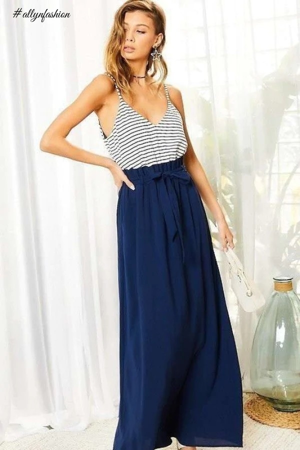 Striped Print Cami Sol Top Hi-waist Skirt Side Pocket Maxi Dress